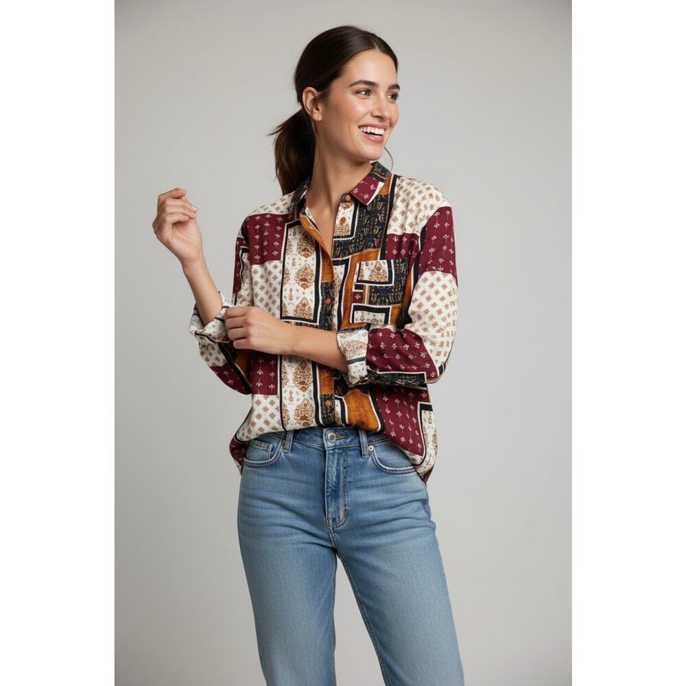Tru Self Women's Shirt Blouse Mixed Patterns Patchwork Button Front Size XL - Picture 2 of 12